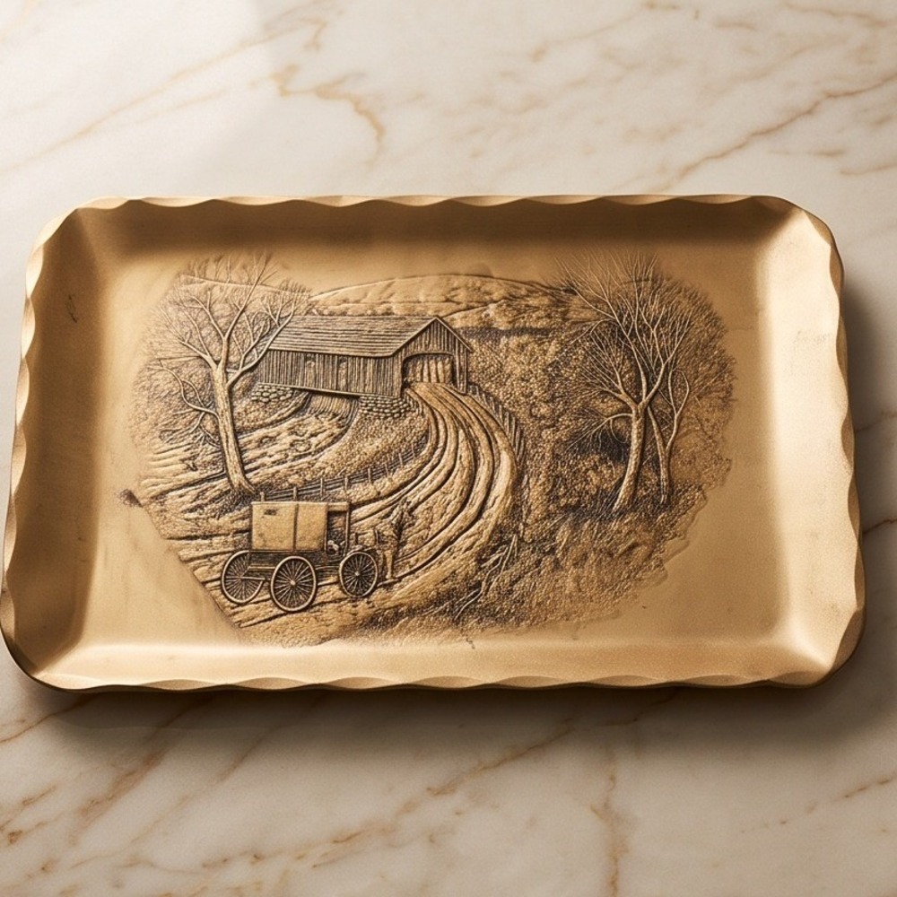 Handmade Natale Bronzi Pennsylvania Covered Bridge‎ Horse Carriage Metal Tray